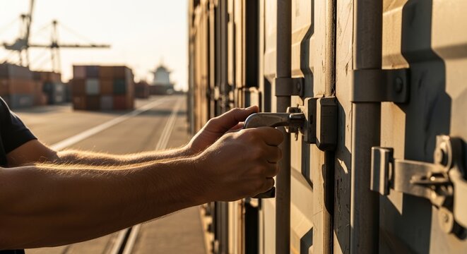 Man's hands securing shipping container latch at a bustling commercial port. Worker ensures safe transport for cargo, a vital part of global supply chain.