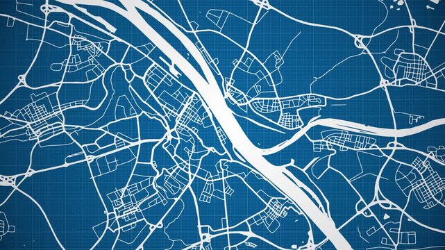 Ink reveal animation of Mainz (M&auml;&auml;nz, Meenz) city, state of Rhineland-Palatinate, Germany, grid map. Aerial top view. Blueprint style. White lines with blue background. 4K Seamless loop.