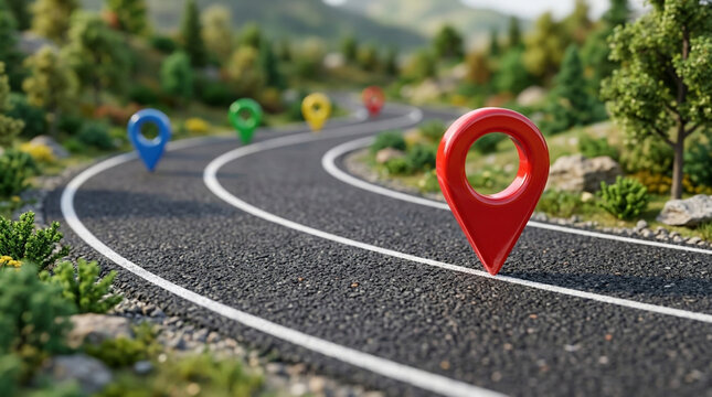 Road Trip Waypoints: Colorful Location Pins on Scenic Winding Road
