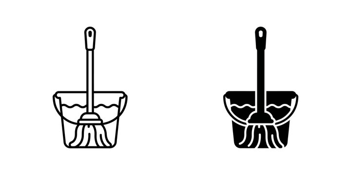 Mop and bucket cleaning tool in black outline and solid icons for professional janitorial service imagery.