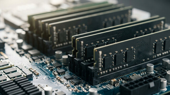 Computer RAM modules on a motherboard, close-up, technology concept