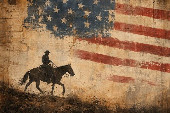 Vintage cowboy silhouette riding past distressed American flag