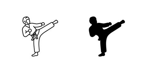 Martial arts kick pose icons linear and solid black silhouettes for karate and taekwondo sports training graphics. © wajiduuu