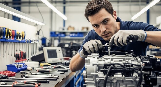 Male engine technician working on motor assembly in repair shop. Skilled technician uses tools for precise adjustments on mechanical components.