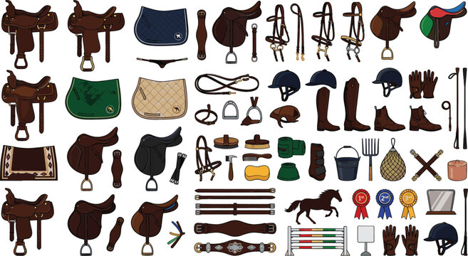 Equestrian equipment vector icon set with horse saddle bridle boots helmet ranch tools and horse riding elements