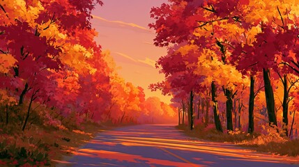 Obraz premium 紅葉が美しい秋の並木道に差し込む夕日の風景イラスト