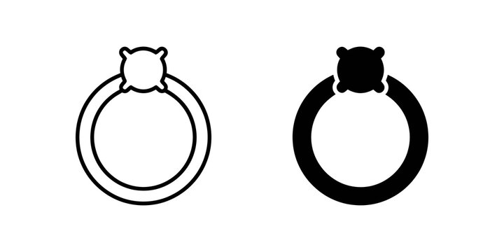 Diamond engagement ring black line and solid glyph icons for jewelry wedding concept.