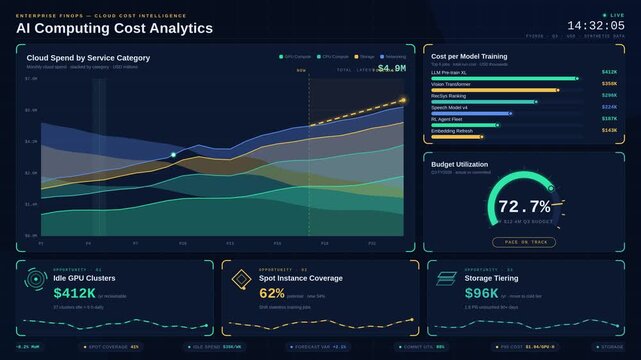 Data analyst reviewing cloud computing cost metrics on a digital dashboard