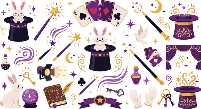 Magic show vector icon set with rabbit in top hat magic wand cards and illusion elements
