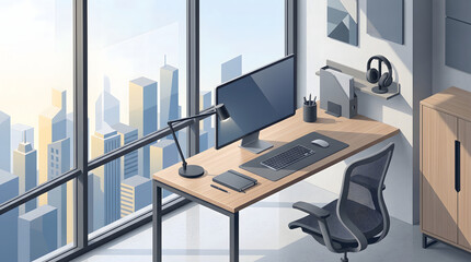 Obraz premium Modern home office workspace with a computer desk and ergonomic chair overlooking a bright city skyline view