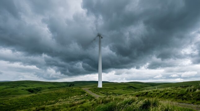 Tall white wind turbine stands vertically against moody dark gray storm clouds in a scenic rolling green rural hilly landscape