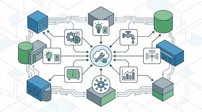 Smart Building Maintenance and Connected Facility Management Vector Illustration