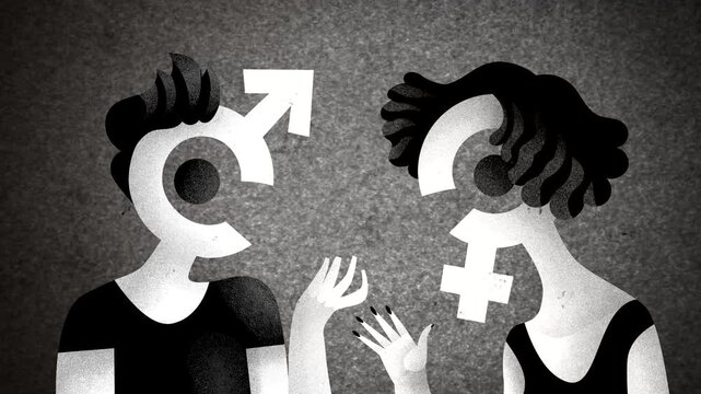 man and woman with gender symbol heads arguing in a conceptual confrontation