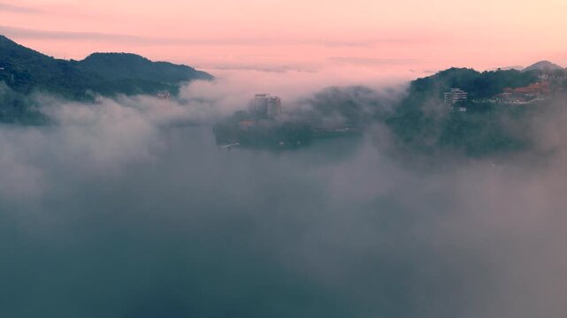 Aerial view Landscape of Sun Moon Lake at sunrise in Taiwan.