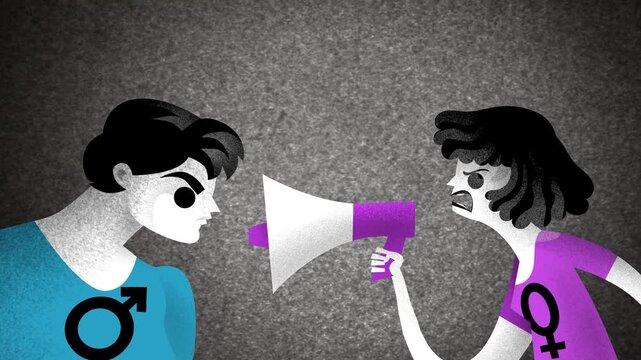 feminist woman shouting against patriarchy with megaphone and female symbol