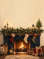 Obraz premium Cozy Christmas fireplace with festive stockings, garland, and gifts