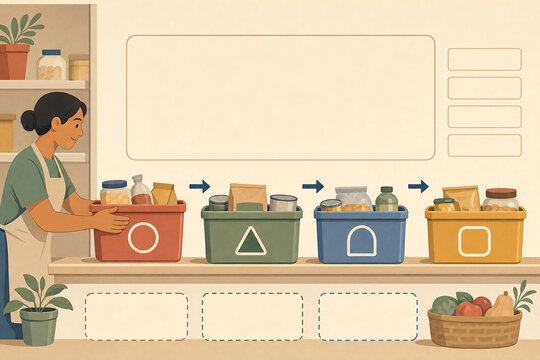 Community pantry FIFO organization infographic with volunteer arranging