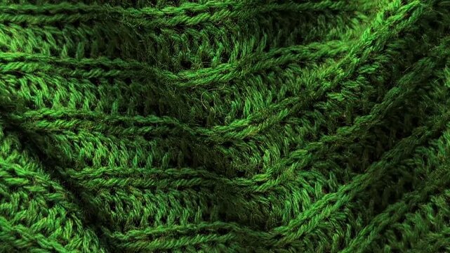 Horizontal tilt up camera movement over emerald green knitted wool sweater texture. Cozy winter background for commercial presentation and video project in candid style.