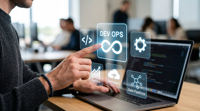 DevOps Implementation in Action: A hand-on digital interface displays key DevOps icons and symbols, indicating seamless workflow and continuous integration within a modern office setting.