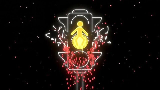 Glowing neon line art pedestrian traffic light icon with exploding red particles and yellow signal against a dark background