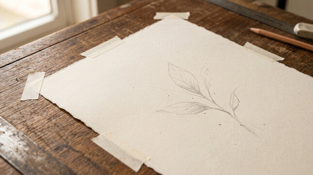 Drawing of a Branch Taped to a Weathered Wooden Table with a Pencil and Measuring Tool Nearby. Artistic Sketch Concept.