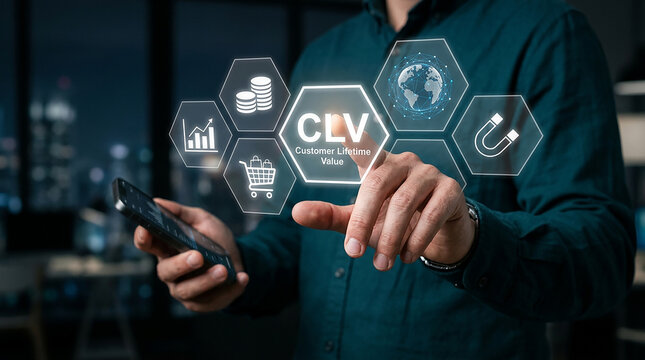 CLV Strategy: A man's hand is shown touching a holographic screen displaying the acronym CLV (Customer Lifetime Value) surrounded by various business icons representing analytics, sales, global reach.