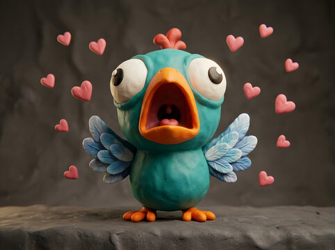 Charming clay bird with wide eyes and open beak surrounded by floating hearts