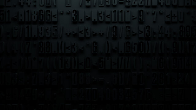 Textured Monochromatic Digital Rendering of Dense Array of Mathematical Symbols and Numbers in Random Pattern Against a Gradient Dark Background for User Interface and Graphic Design Applications