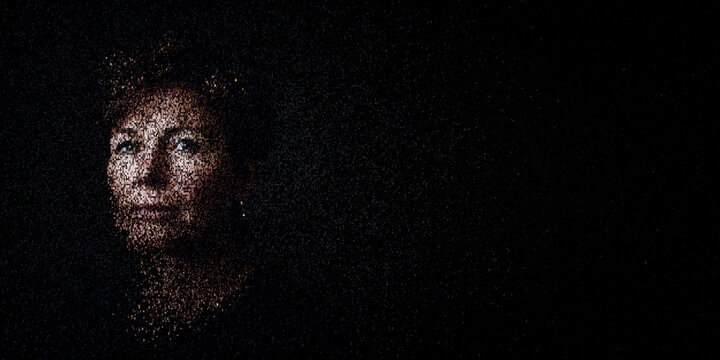 Digital ID Portrait of Woman with Face made up of Computer code. Data minimization Concept with copy-space.