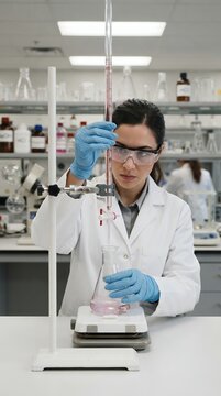 Scientist performing titration experiment in a modern laboratory setting.