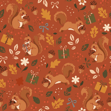 Seamless squirrel and acorn autumn gift pattern
