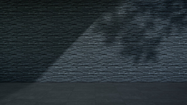 Bare Dark Slate Stacked Stone Wall and Tiled Floor in Bright Sunshine Outside Area with Partial Shade. Civic Architecture Concept with copy-space.