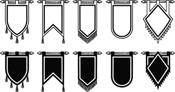Medieval vector pennant flags set featuring blank royal heraldic banners hanging on wooden scrolls for kingdom crest emblems