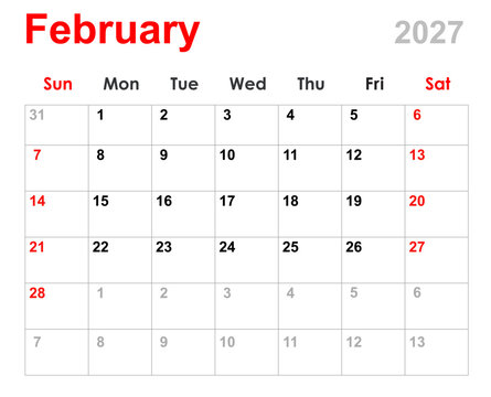 February calendar 2027. Monthly calendar planner February 2027. Calendar and diary layout for February 2027 isolated white background.