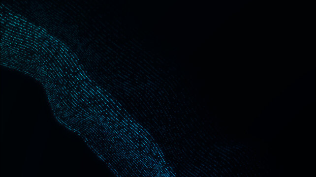 Cyan dotted wave curves across a black background with generous copy space, creating a modern digital technology and data network backdrop.