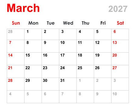 March calendar 2027. Monthly calendar planner March 2027. Calendar and diary layout for March 2027 isolated white background.