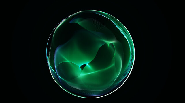 Glowing green ribbons create a futuristic abstract sphere on black, forming a vivid digital energy orb for technology, science and innovation themes.