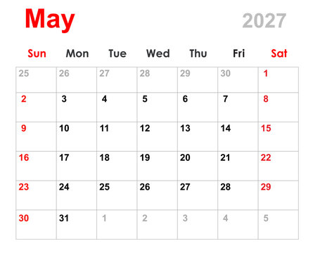 May calendar 2027. Monthly calendar planner May 2027. Calendar and diary layout for May 2027 isolated white background.