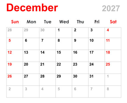 December calendar 2027. Monthly calendar planner December 2027. Calendar and diary layout for December 2027 isolated white background.