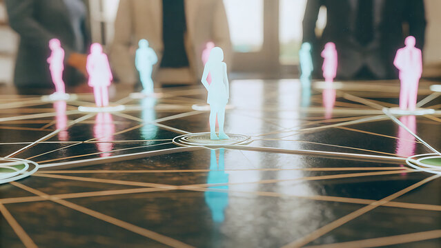 Business professionals analyzing a digital global network hologram on a table