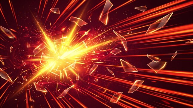 Abstract background featuring a brilliant golden light explosion with dynamic red streaks and floating debris particles