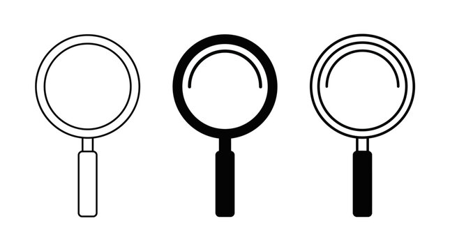 Set of simple magnifying glass icons in outline and solid style for search and zoom interface design