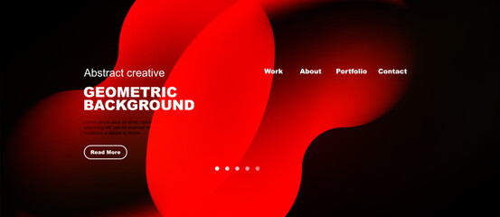 Fototapeta na wymiar Modern website design. Red fluid shapes dominate dark background. Minimalist text elements present portfolio information. Clean aesthetic.