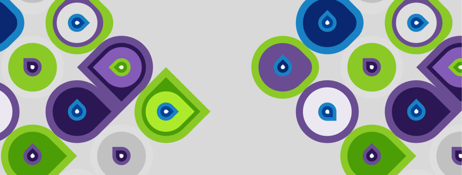 Abstract pattern features colorful circles, squares, teardrops. Shapes overlap creating dynamic visual texture. Light gray background provides contrast.