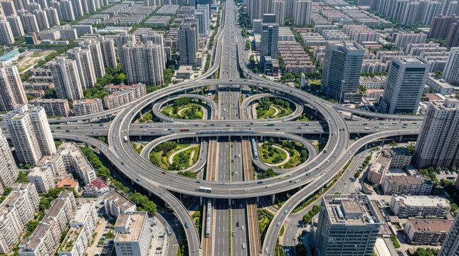 Expansive aerial view of a complex multi-level urban highway interchange bustling with traffic in a modern Asian city