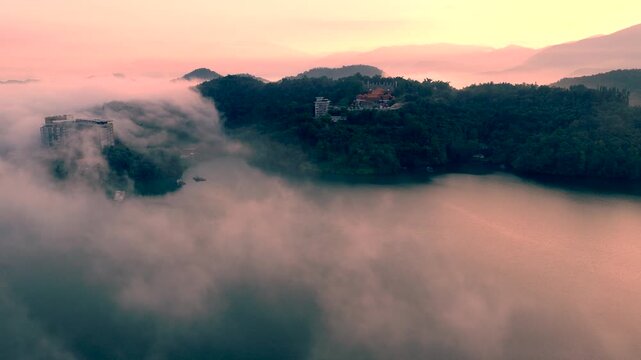 Aerial view Landscape of Sun Moon Lake at sunrise in Taiwan.