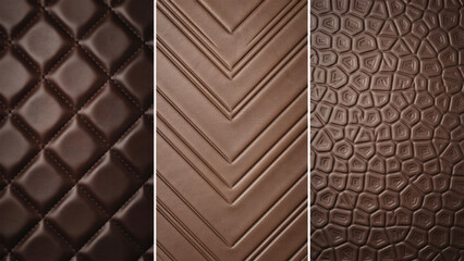 Obraz premium Three close-up leather textures in dark brown with quilted, chevron, and pebble patterns