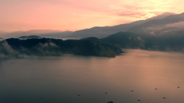 Aerial view Landscape of Sun Moon Lake at sunrise in Taiwan.