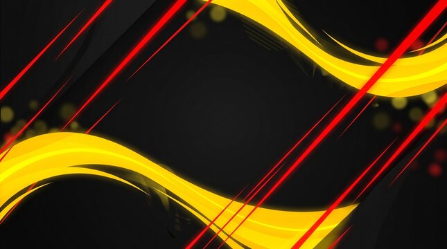Abstract background featuring vibrant yellow flowing waves and diagonal red lines on a dark black surface