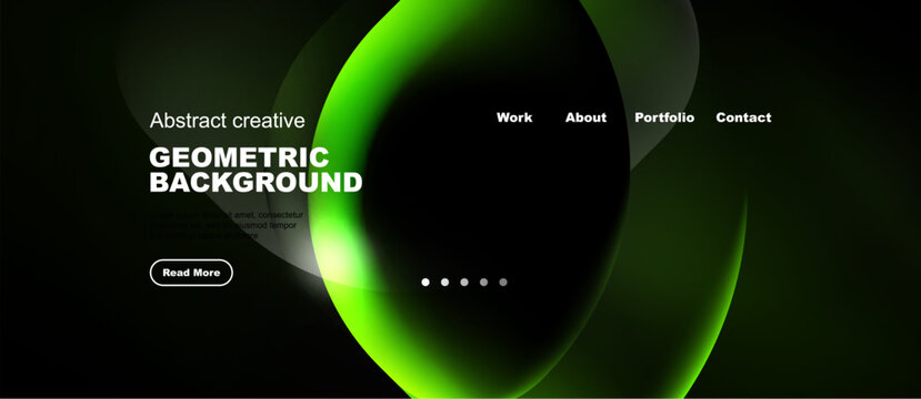 Dark background features vibrant green geometric shapes. Website header includes navigation options, text, button. Modern design aesthetic.